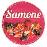 Beautifully decorated red velvet berry birthday cake with vibrant fruits and a glowing 'Samone' name, adding a touch of sweetness and sparkle.