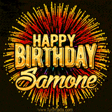 Golden 'Happy Birthday Samone' text accompanied by animated rainbow fireworks for a festive animated greeting.