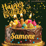 A delightful chocolate birthday cake with bright candles and 'Happy Birthday Samone' written in gold amidst a shower of animated stars.