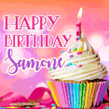 A vibrant birthday GIF featuring a rainbow-colored cupcake topped with white frosting, sprinkles, and a lit candle. The text reads 'Happy Birthday Samone' in bold pink and violet letters with white outline.