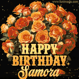 Animated bouquet of orange roses with moving butterfles and golden 'Happy Birthday Samora' text, surrounded by sparkling accents and a dark backdrop for a luxurious feel.