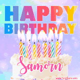 A vibrant animated name GIF with the words 'Happy Birthday Samorn' with colorful candles on a creamy cake. The background sparkles with pastel shades, adding a festive touch.