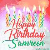 Bright birthday candles with rainbow flames on a cake, alongside the text 'Happy Birthday Samreen' in vibrant script in this celebratory animated GIF.