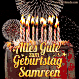 A chocolate birthday cake with glowing candles, the German text 'Alles Gute zum Geburtstag Samreen,' and vibrant fireworks lighting up the background in an animated GIF.