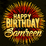 Golden 'Happy Birthday Samreen' text accompanied by animated rainbow fireworks for a festive animated greeting.