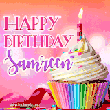 A vibrant birthday GIF featuring a rainbow-colored cupcake topped with white frosting, sprinkles, and a lit candle. The text reads 'Happy Birthday Samreen' in bold pink and violet letters with white outline.