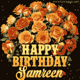 Animated bouquet of orange roses with moving butterfles and golden 'Happy Birthday Samreen' text, surrounded by sparkling accents and a dark backdrop for a luxurious feel.