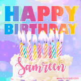 A vibrant animated name GIF with the words 'Happy Birthday Samreen' with colorful candles on a creamy cake. The background sparkles with pastel shades, adding a festive touch.