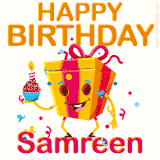 A vibrant and funny gift box character with a happy face dancing with a cupcake and the text 'Happy Birthday Samreen,' surrounded by animated confetti and party vibes.