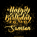 Animated GIF with colorful, festive 'Happy Birthday Samson' text decorated with patterns, a party hat, and falling confetti. A vibrant and cheerful design for birthday celebrations.