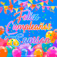A vibrant animated GIF with 'Feliz Cumpleaños Samson' written in colorful script, surrounded by balloons, confetti, and bunting on a bright blue background.