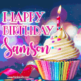 A festive animated GIF featuring a colorful cupcake with a single lit candle, sprinkles, and 'Happy Birthday Samson' text against a sparkling, celebratory background.