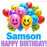 An animated birthday-themed name GIF with colorful smiling balloons and bold 'Samson, Happy Birthday!' text for a celebratory touch.