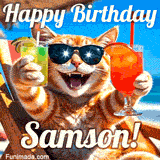 A cheerful cat wearing sunglasses, enjoying drinks on a sunny beach chair, with the text 'Happy Birthday Samson!' in bright letters.
