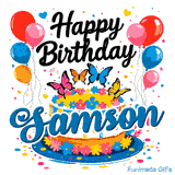 A sweet birthday cake with colorful icing flowers and balloon clusters on a white background, personalized for Samson.