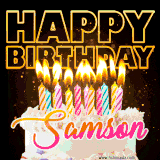 A vibrant animated GIF featuring a delicious birthday cake topped with glowing candles and the name 'Samson' in elegant script, and the words 'Happy Birthday' on the black background.