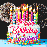 A lively happy birthday animated GIF showcasing a colorful birthday cake covered in sprinkles, topped with glowing candles, and surrounded by vibrant fireworks. The name 'Samson' is featured in elegant script.