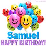 An animated birthday-themed name GIF with colorful smiling balloons and bold 'Samuel, Happy Birthday!' text for a celebratory touch.