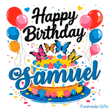 Beautifully decorated butterfly theme cake with balloons and colorful flowers on a white background for Samuel.
