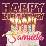 A colorful birthday cake topped with lit candles, with the words 'Happy Birthday Samuela' in bold glowing letters on a burgundy background. Animated flames add a festive touch.