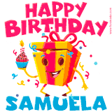 A vibrant and funny gift box character with a happy face dancing with a cupcake and the text 'Happy Birthday Samuela,' surrounded by animated confetti and party vibes.
