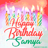 Bright birthday candles with rainbow flames on a cake, alongside the text 'Happy Birthday Samya' in vibrant script in this celebratory animated GIF.