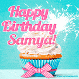 A festive cupcake with pink icing, a gingham bow, and a lit animated sparkler, paired with 'Happy Birthday Samya!' in bright pink text.