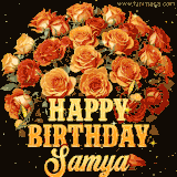 Animated bouquet of orange roses with moving butterfles and golden 'Happy Birthday Samya' text, surrounded by sparkling accents and a dark backdrop for a luxurious feel.