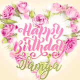 A stunning heart made of pink roses surrounds the elegant script text 'Happy Birthday Samya' on a soft beige background. Animated sparkles add a magical and festive feel.