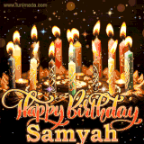 A glowing personalized birthday GIF with name Samyah featuring lit candles with intricate designs, warm lighting, and the text 'Happy Birthday' in an elegant font.