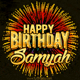 Golden 'Happy Birthday Samyah' text accompanied by animated rainbow fireworks for a festive animated greeting.
