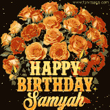 Animated bouquet of orange roses with moving butterfles and golden 'Happy Birthday Samyah' text, surrounded by sparkling accents and a dark backdrop for a luxurious feel.