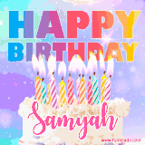 A vibrant animated name GIF with the words 'Happy Birthday Samyah' with colorful candles on a creamy cake. The background sparkles with pastel shades, adding a festive touch.
