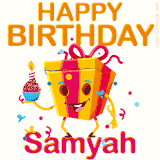 A vibrant and funny gift box character with a happy face dancing with a cupcake and the text 'Happy Birthday Samyah,' surrounded by animated confetti and party vibes.