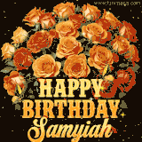 Animated bouquet of orange roses with moving butterfles and golden 'Happy Birthday Samyiah' text, surrounded by sparkling accents and a dark backdrop for a luxurious feel.