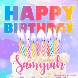 A vibrant animated name GIF with the words 'Happy Birthday Samyiah' with colorful candles on a creamy cake. The background sparkles with pastel shades, adding a festive touch.