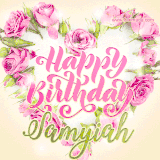 A stunning heart made of pink roses surrounds the elegant script text 'Happy Birthday Samyiah' on a soft beige background. Animated sparkles add a magical and festive feel.