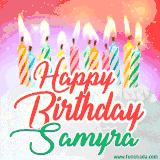 Bright birthday candles with rainbow flames on a cake, alongside the text 'Happy Birthday Samyra' in vibrant script in this celebratory animated GIF.