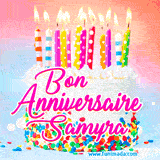 A white birthday cake covered in colorful sprinkles, topped with bright candles, and French text 'Bon Anniversaire Samyra' on a pastel gradient background in an animated GIF.