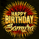 Golden 'Happy Birthday Samyra' text accompanied by animated rainbow fireworks for a festive animated greeting.