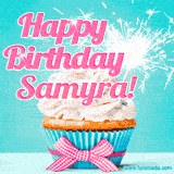 A festive cupcake with pink icing, a gingham bow, and a lit animated sparkler, paired with 'Happy Birthday Samyra!' in bright pink text.