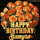 Animated bouquet of orange roses with moving butterfles and golden 'Happy Birthday Samyra' text, surrounded by sparkling accents and a dark backdrop for a luxurious feel.