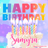 A vibrant animated name GIF with the words 'Happy Birthday Samyra' with colorful candles on a creamy cake. The background sparkles with pastel shades, adding a festive touch.