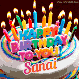 A colorful birthday cake topped with lit candles, with the words 'Happy Birthday Sanai' in bold glowing letters on a burgundy background. Animated flames add a festive touch.