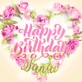 A stunning heart made of pink roses surrounds the elegant script text 'Happy Birthday Sanai' on a soft beige background. Animated sparkles add a magical and festive feel.