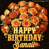Animated bouquet of orange roses with moving butterfles and golden 'Happy Birthday Sanaii' text, surrounded by sparkling accents and a dark backdrop for a luxurious feel.