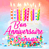 A white birthday cake covered in colorful sprinkles, topped with bright candles, and French text 'Bon Anniversaire Sanaya' on a pastel gradient background in an animated GIF.
