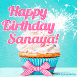 A festive cupcake with pink icing, a gingham bow, and a lit animated sparkler, paired with 'Happy Birthday Sanaya!' in bright pink text.