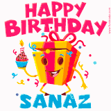 A vibrant and funny gift box character with a happy face dancing with a cupcake and the text 'Happy Birthday Sanaz,' surrounded by animated confetti and party vibes.