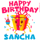 A vibrant and funny gift box character with a happy face dancing with a cupcake and the text 'Happy Birthday Sancha,' surrounded by animated confetti and party vibes.